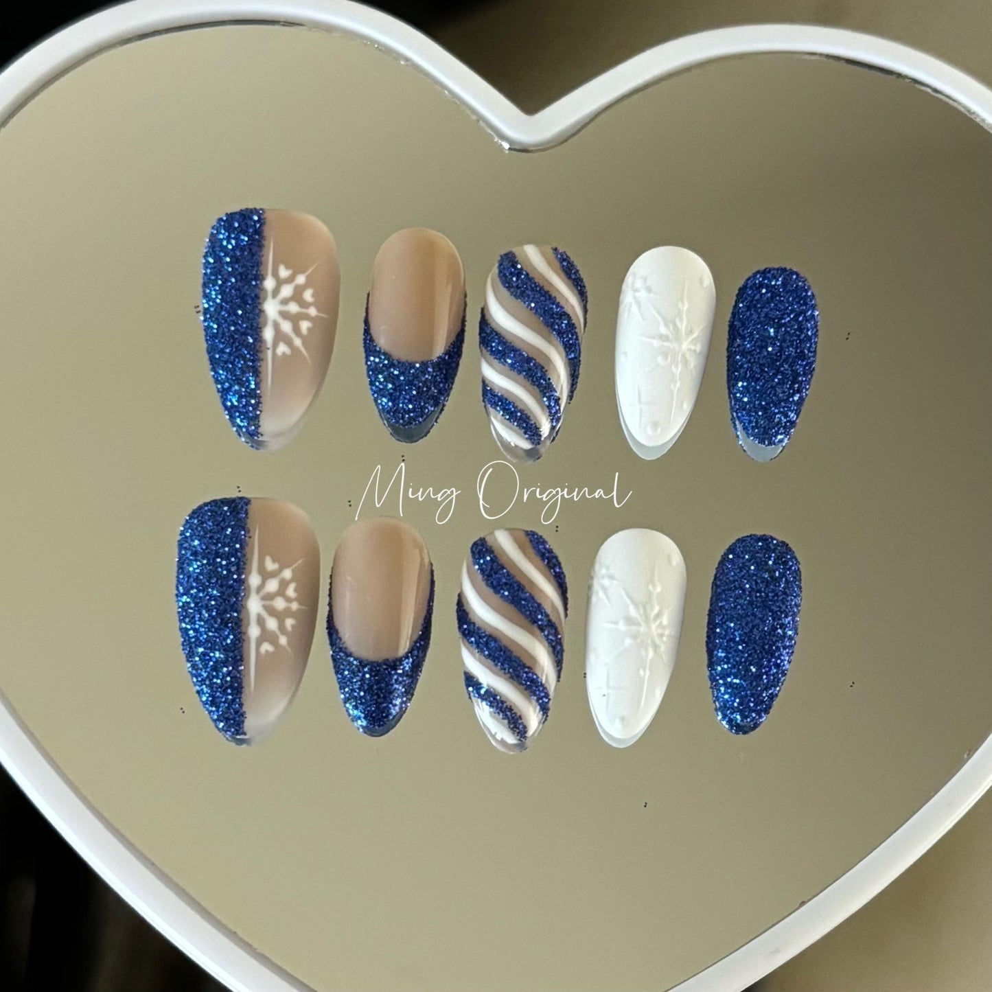 Blue Candy Cane press on Nail, White snowflake and abstract glitter French tip nails, glue on nail, Holiday Fake Nails, Gifts for Her, MO406