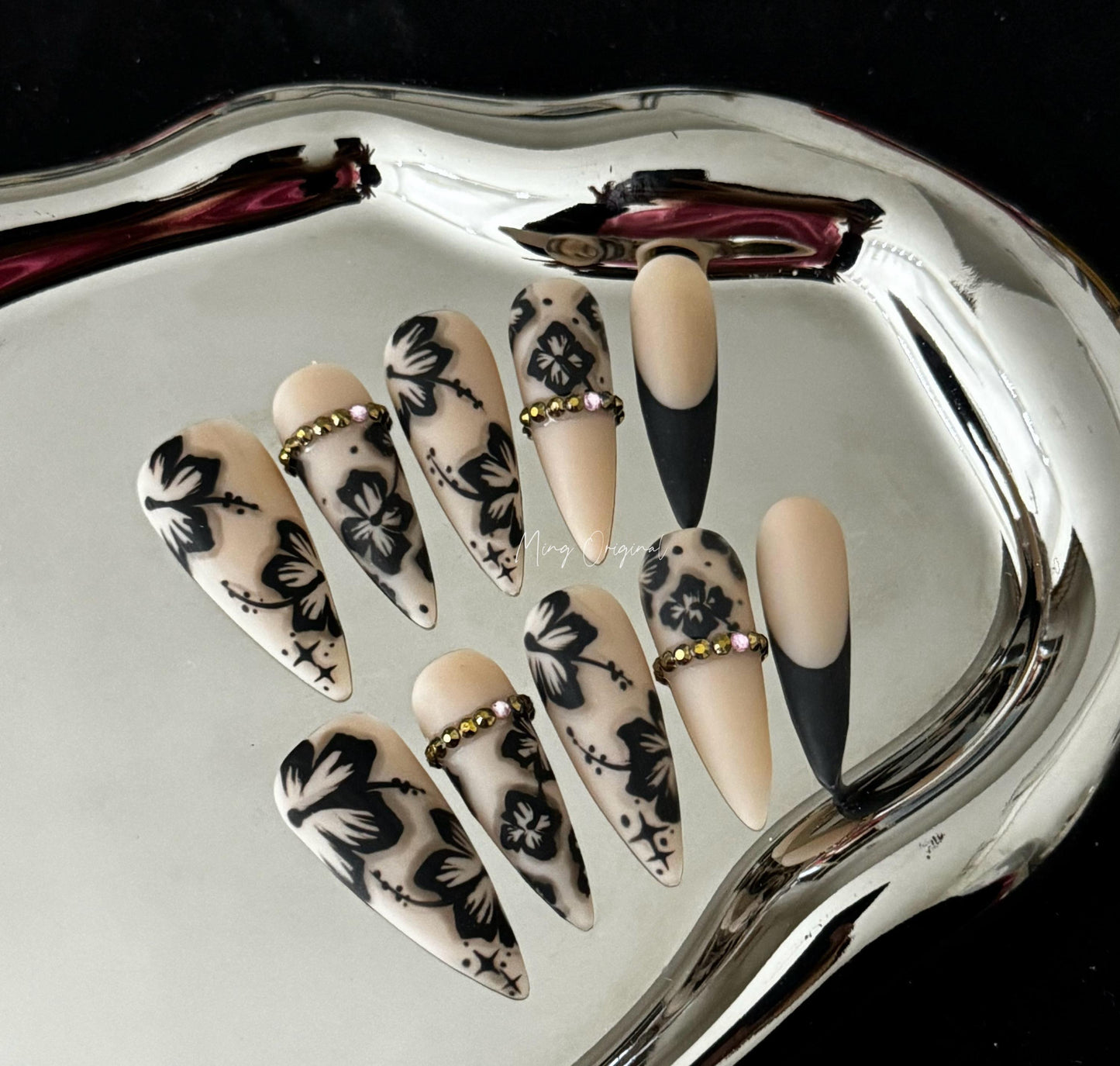 Shadow flower Press on Nails,  Black Orchard Floral Nails, matte Jelly Nails, gift for her, MO251