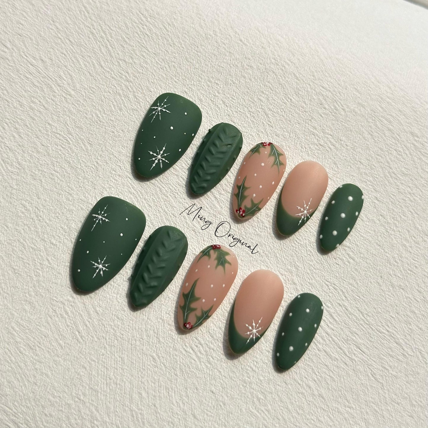 Christmas green sweater press on Nail, cherry tree and snowflake French tip nails, glue on nail, Holiday Fake Nails, Gifts for Her, MO298