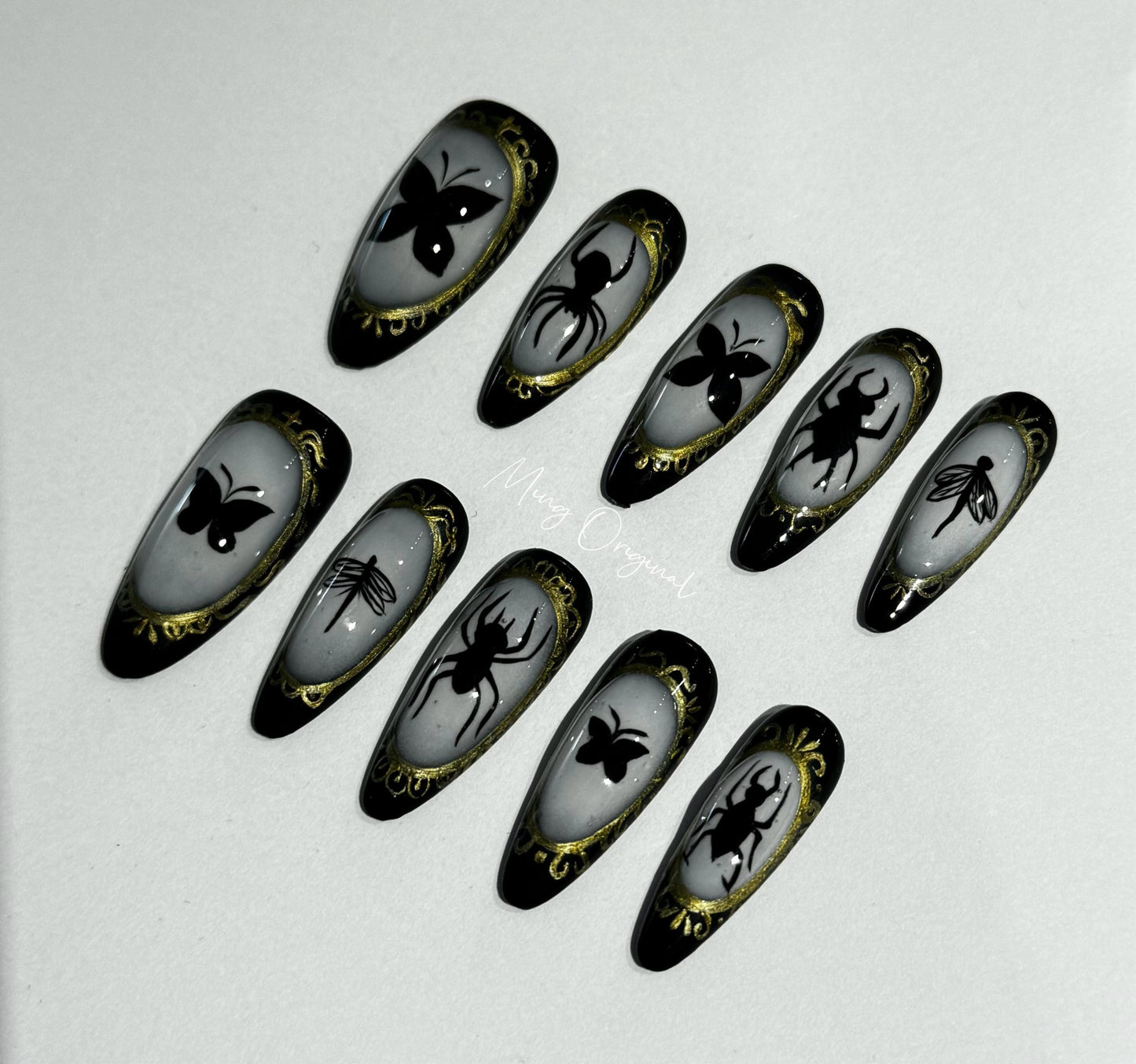 Bug gallery Insect lover press on nails, gold framed beetles butterflies moths reuse nails, fake nail, glue on nail, gift for her, MO273