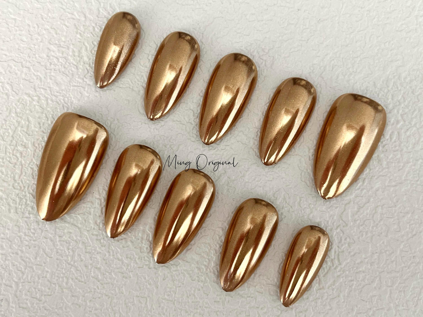 Gold Mirror Chrome Press on Nails, Classy gold hand painted fake Nails, glue on nail, holiday birthday gift for her MO409