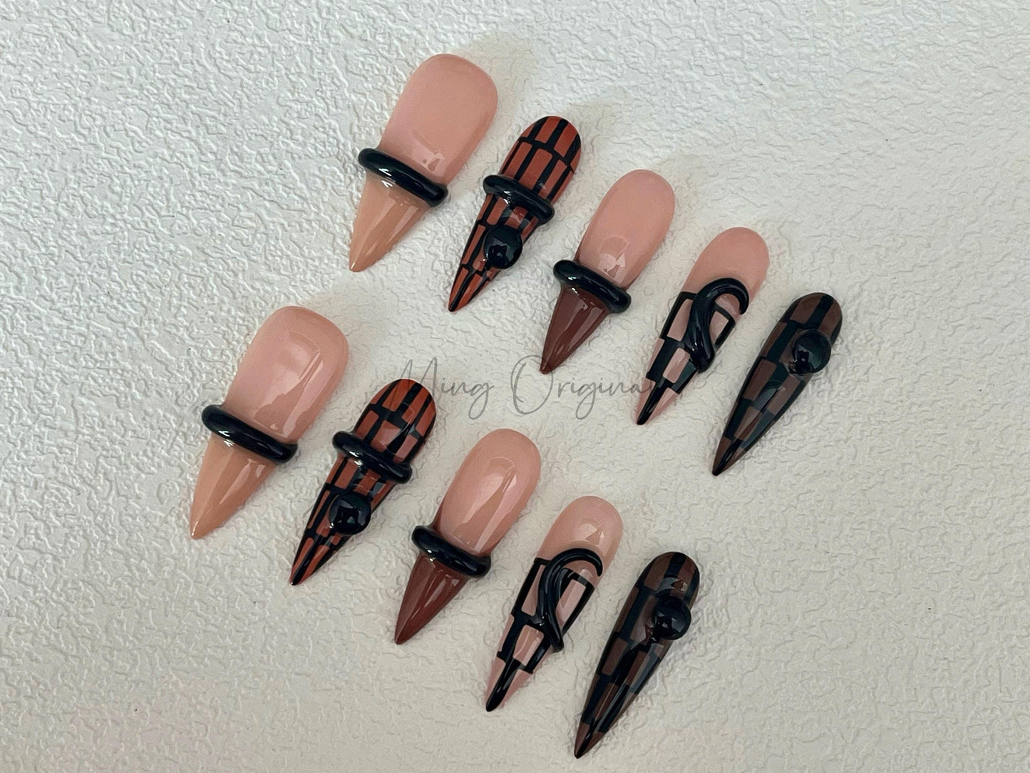 Brown Plaid Press On Nails with 3D Black Details, Geometric Abstract Design, Handmade Nails, Modern Nail Art, Gift For Her,MO464