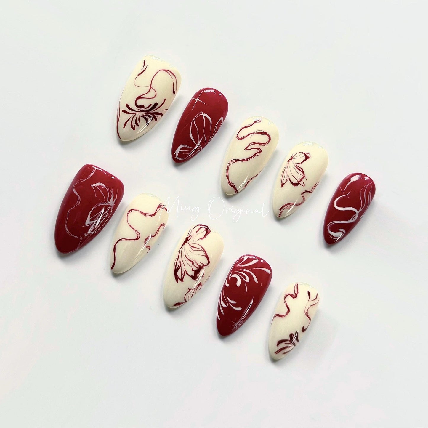 Free style Red butterfly ribbon Press on Nails, hand painted premium handmade Nails, detailed Jelly Nails, glue on nail, gift for her MO342