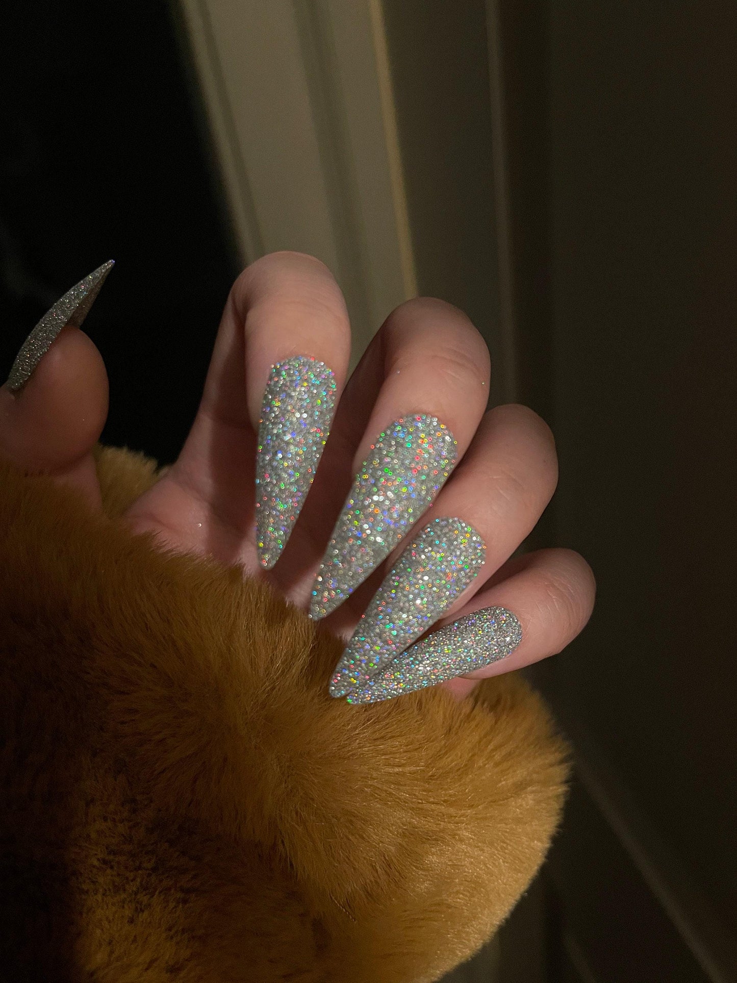 Silver holographic Sugar Glitter acrylics and Press on Nails, Rainbow glitter nail, Sparkly nails for party