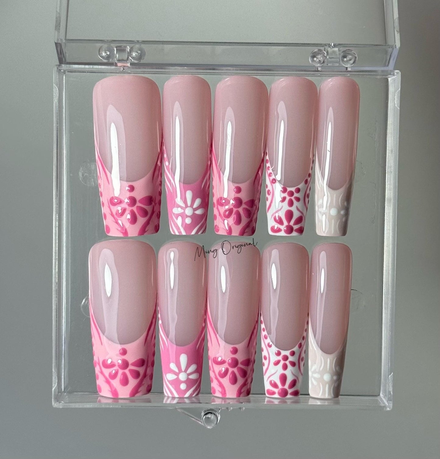 Pink boho French tip patchwork Press on Nails, hand painted artist Nails, glue on nail, birthday holiday gift for her MO390
