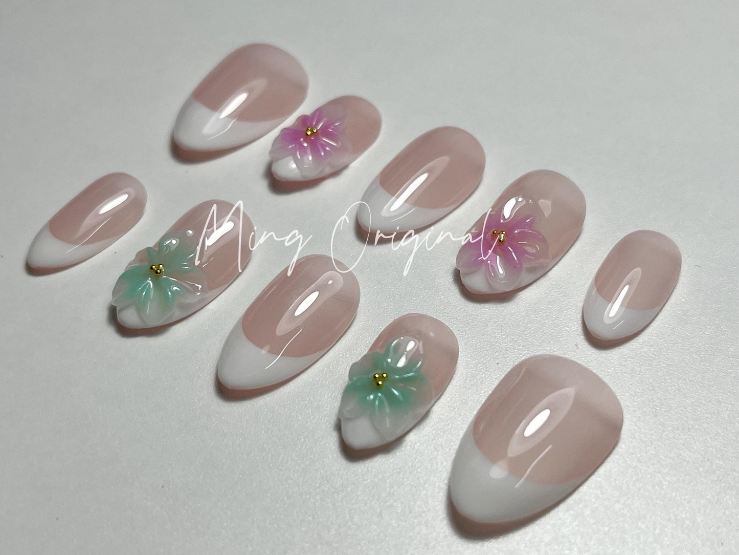 Simple Pastal Pink and Green Summer Jelly Flower 3D Free Style with Pearls press on nails, Fairycore Floral Nail, French Tip