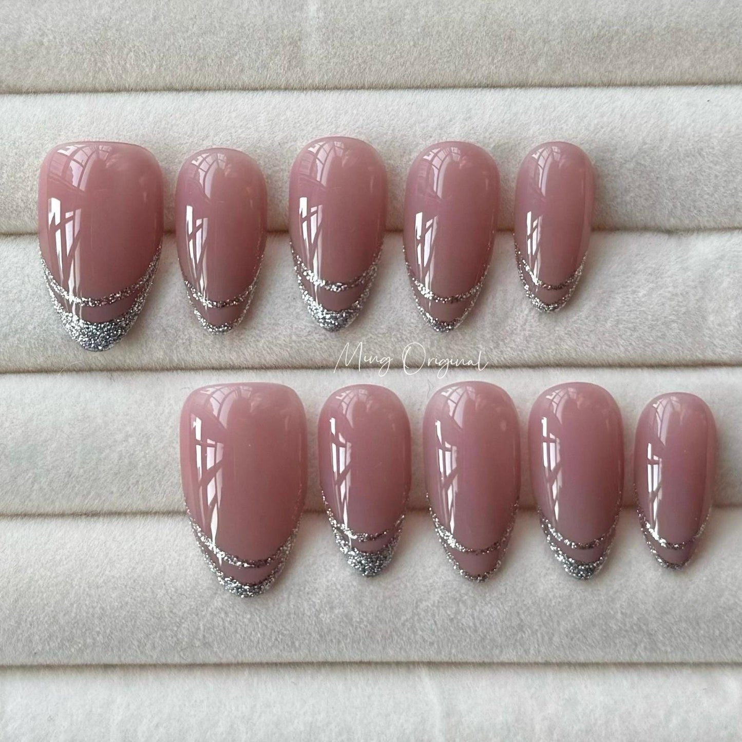 French Tip Collection, silver glitter  tip Press on Nails, pink glittery everyday nail ,glue on nail, birthday holiday gift for her,MO328