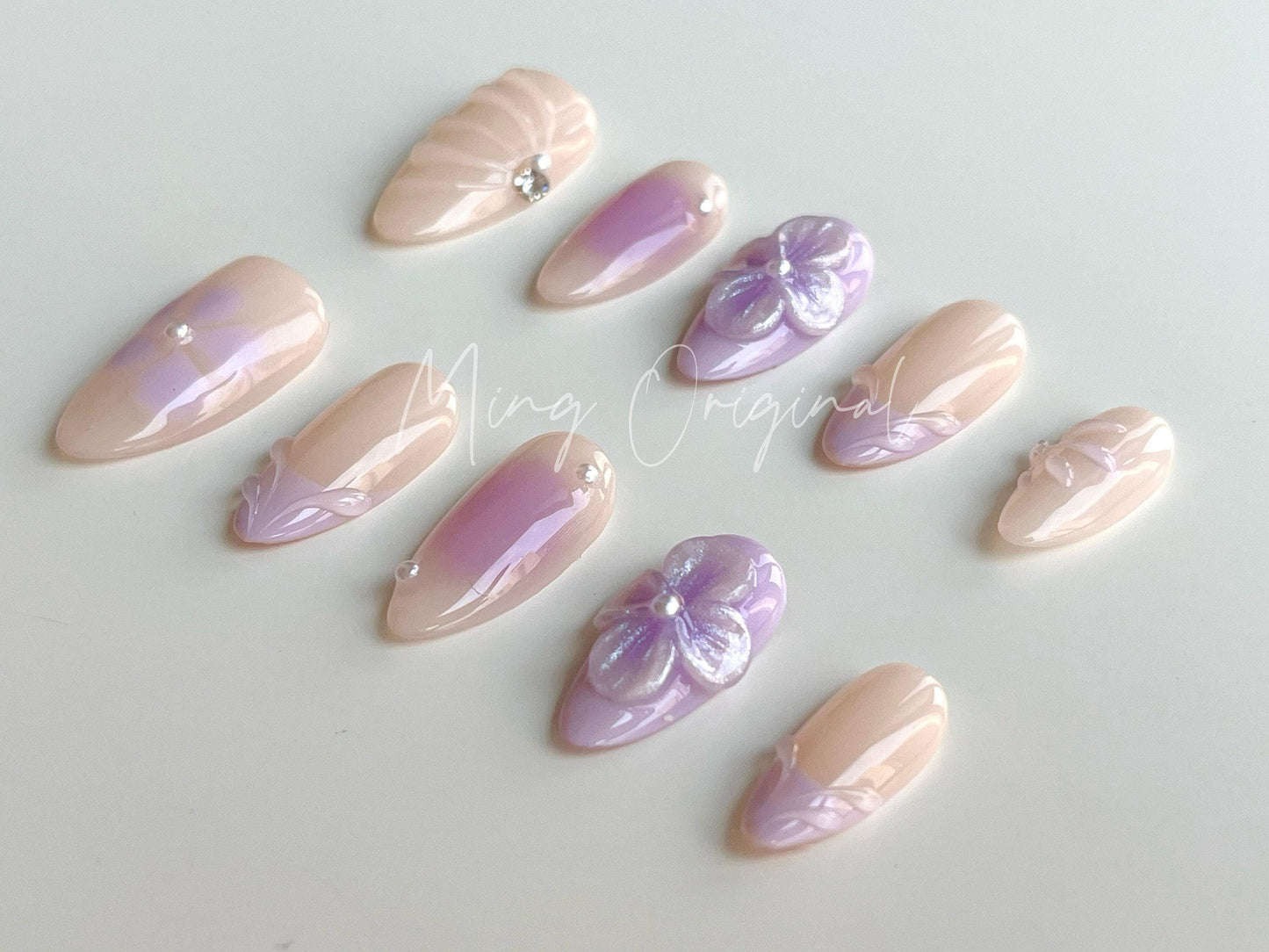 Purple Summer Flower 3D Free Style Nude press on nails, Fairycore Floral Nail, French Tip, airbrush ombre