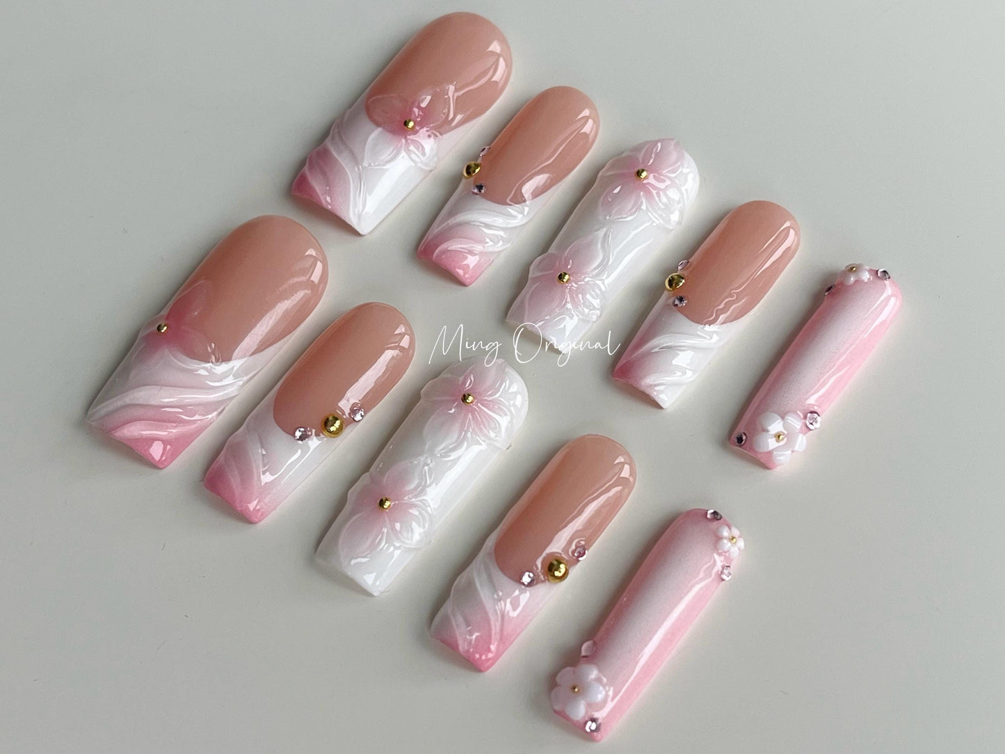 Pink 3D sculptured flower Press on Nails, Mermaid ombre french tip Nails, Clear Orchard Floral Nails, Jelly Nails, glue on nails, MO366