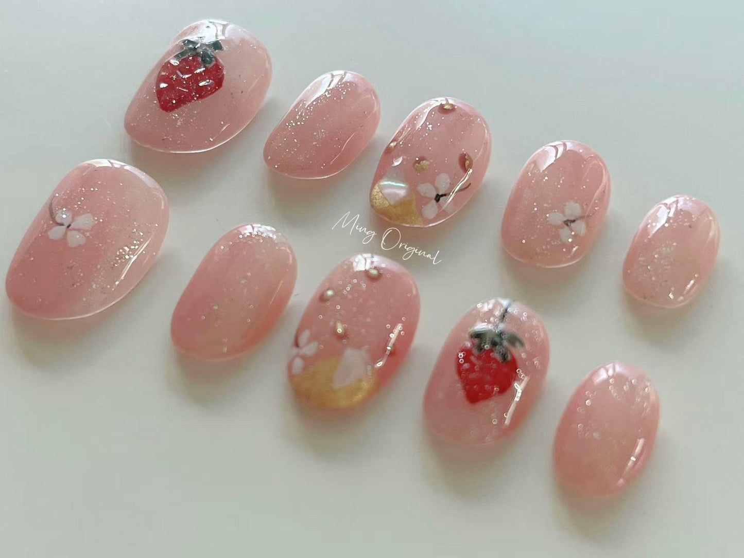 Pink Strawberry and floral press on Nail,  Fruit Lover press on nails, Gold Chrome, Holiday Fake Nails, Gifts for Her, MO252