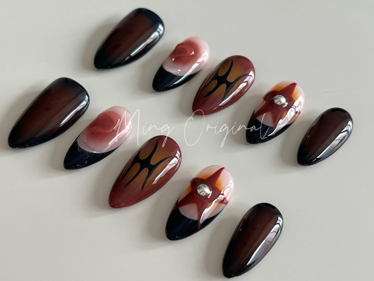 Free style Autumn airbrush press on nails, Y2K star, ombre color, 3d nail,  French nails, ,hand painted nail, gift for her
