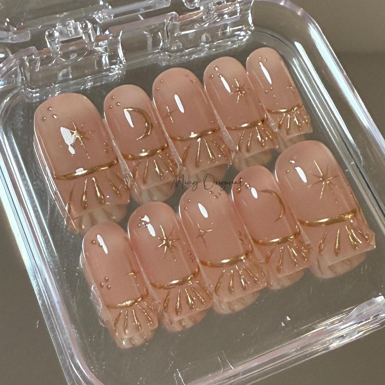 Nude Free style French tip Chrome gold press on nails, Everyday nail, nude handmade art nail, wedding bridal nail,  gift for her, MO424