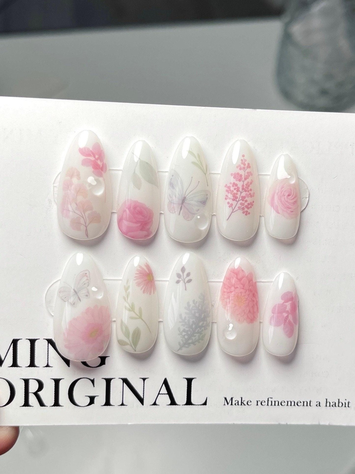 Da Milk Bath | Butterfly and Floral Press on Nails, Pastel Pink Fake Nails, Handmade Gel Nails, Jelly Nails, jewel nail