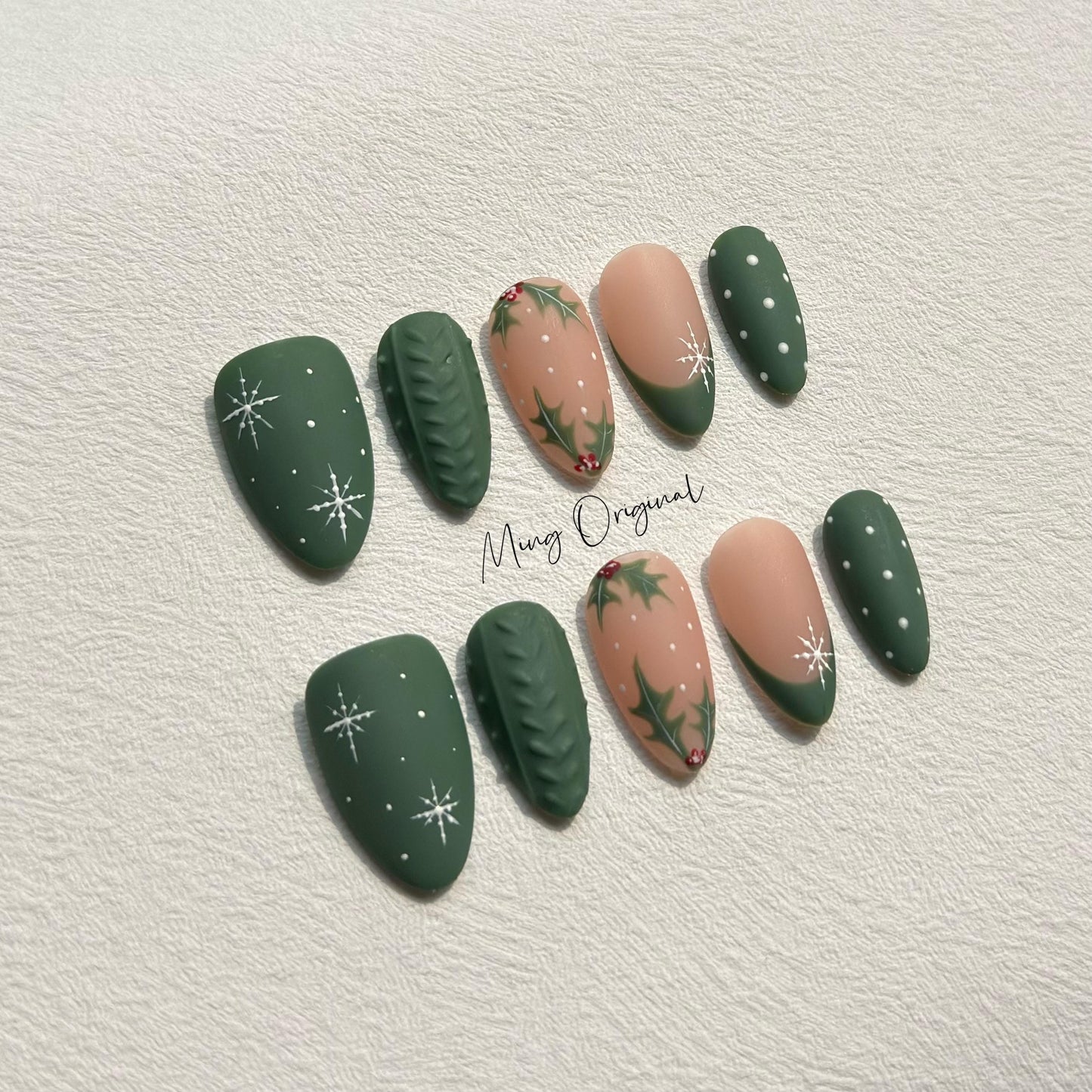 Christmas green sweater press on Nail, cherry tree and snowflake French tip nails, glue on nail, Holiday Fake Nails, Gifts for Her, MO298