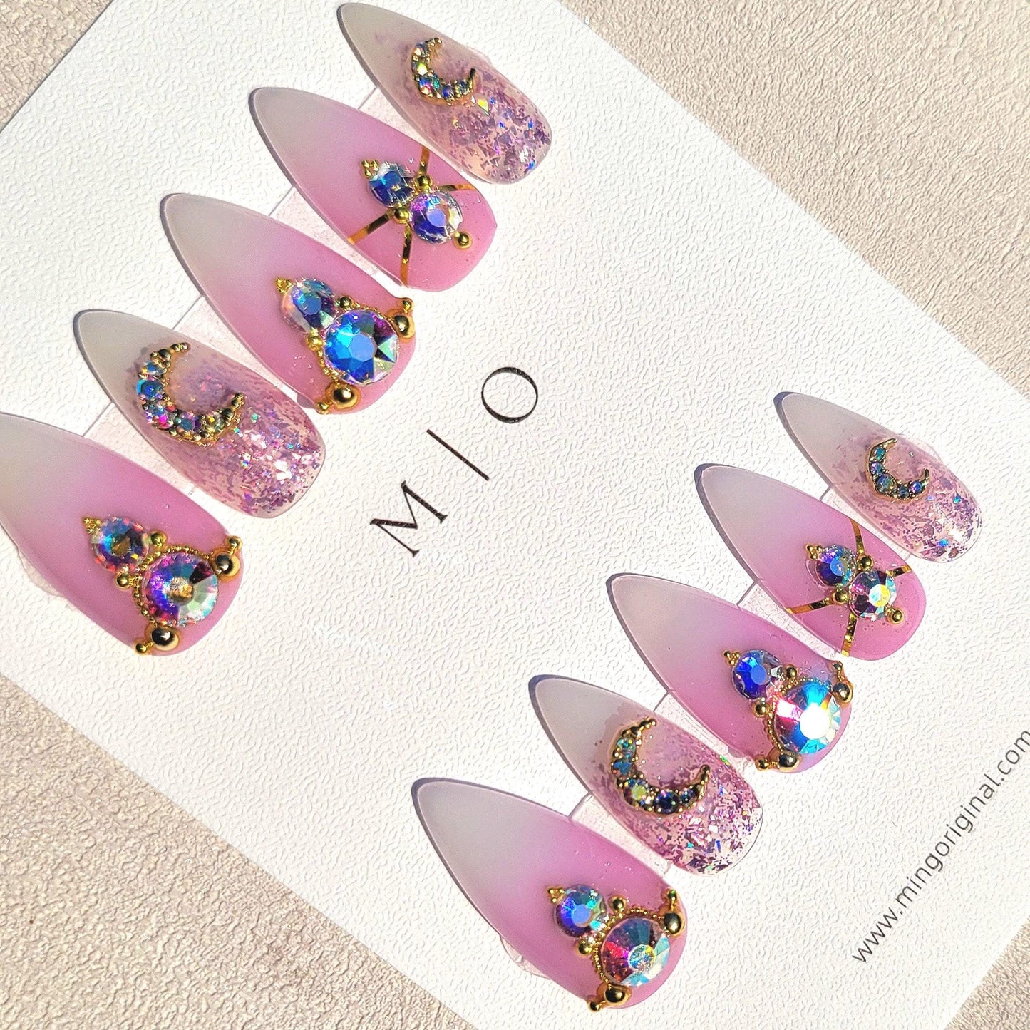 Super glittery AB gem crystal Nail press on, purple holo glitter ombre nail, Faded Milky white ,Celestial moon, gold toned luxurious nail