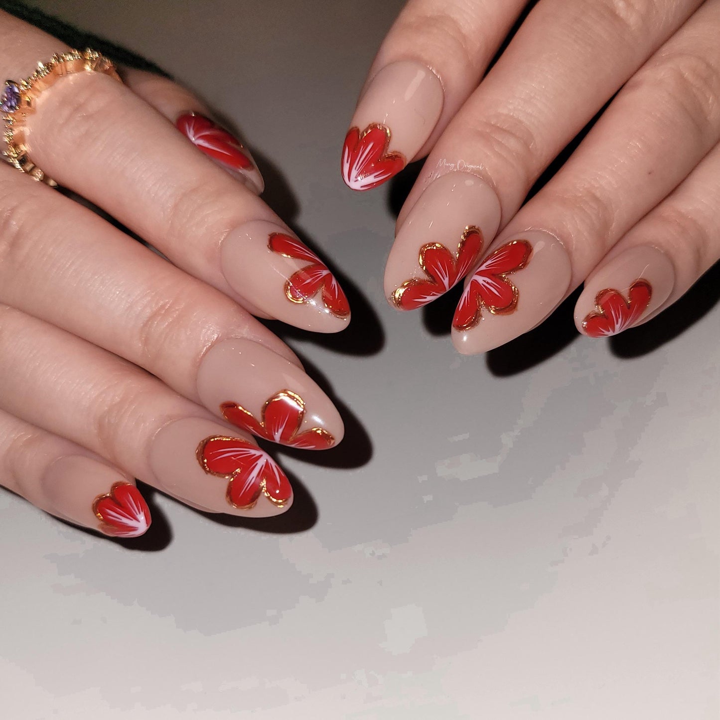 Nude red blossom sculptured flower Press on Nails, Gold Frame Orchard Floral Nails, Jelly Nails, Christmas gift for her, MO302