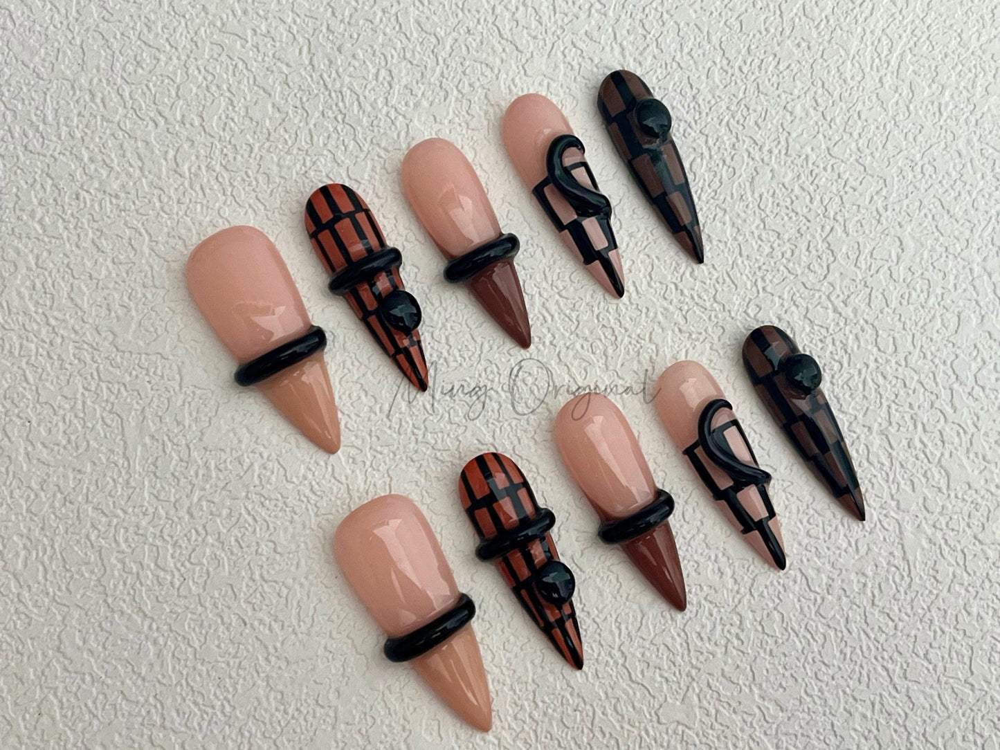 Brown Plaid Press On Nails with 3D Black Details, Geometric Abstract Design, Handmade Nails, Modern Nail Art, Gift For Her,MO464