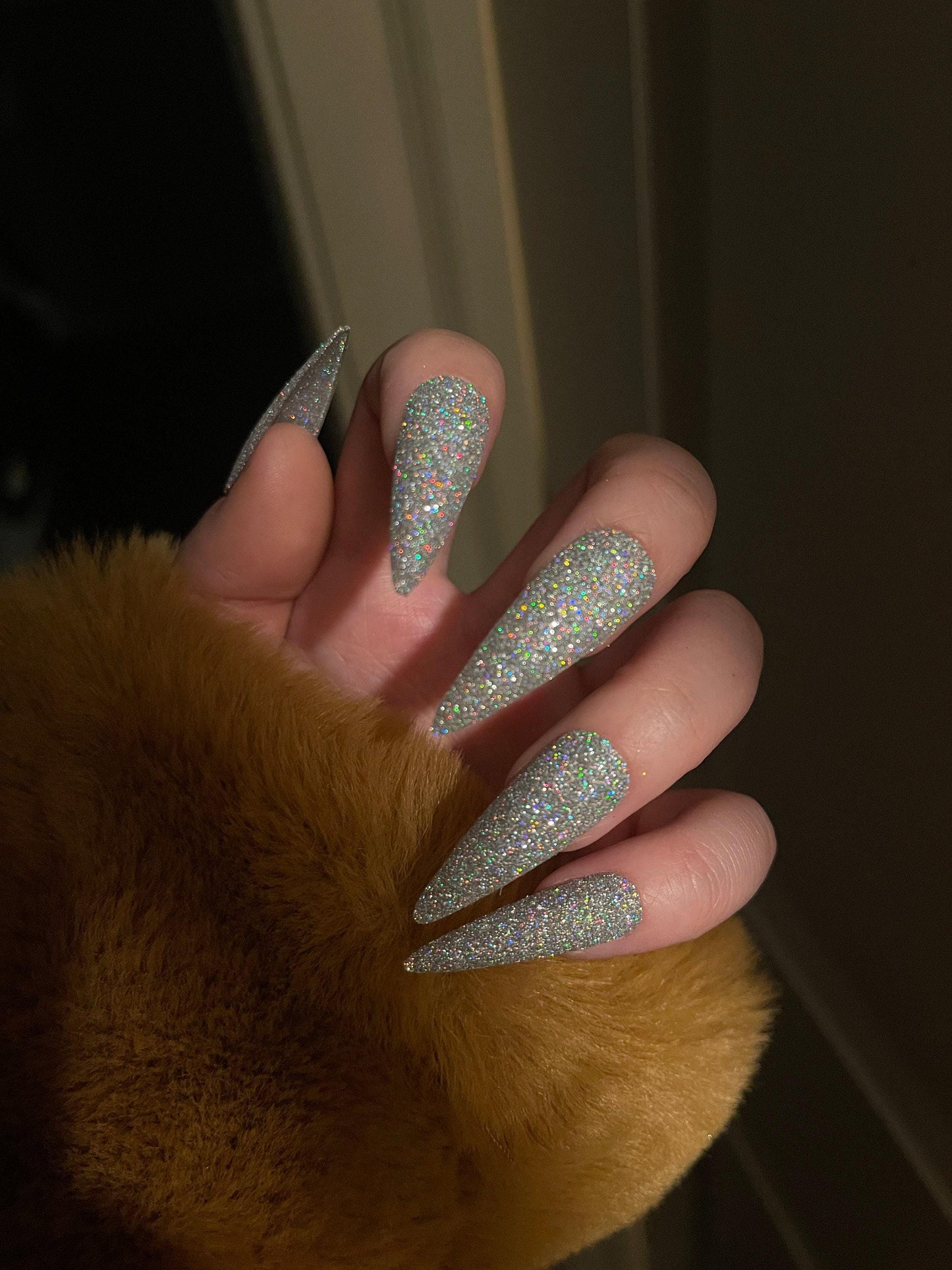Silver holographic Sugar Glitter acrylics and Press on Nails, Rainbow glitter nail, Sparkly nails for party