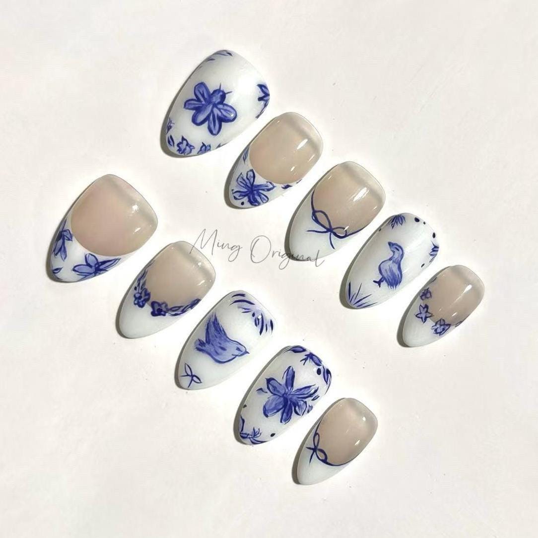 Ceramic porcelain spring cute bird and bee press on nail, white french tip floral bow coquette nails, glue on nail, gift for her, MO434
