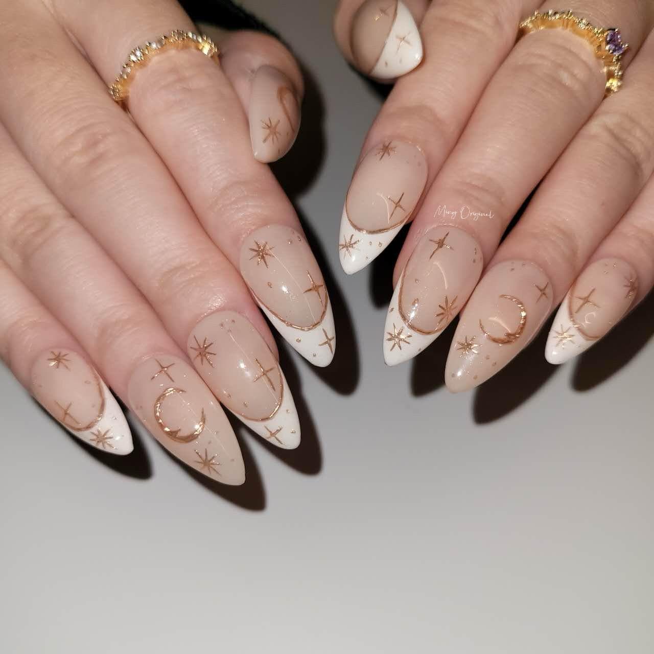 Moon and Star Gold chrome nude Press on Nails, French tip hand painted free style fake Nails, MO254
