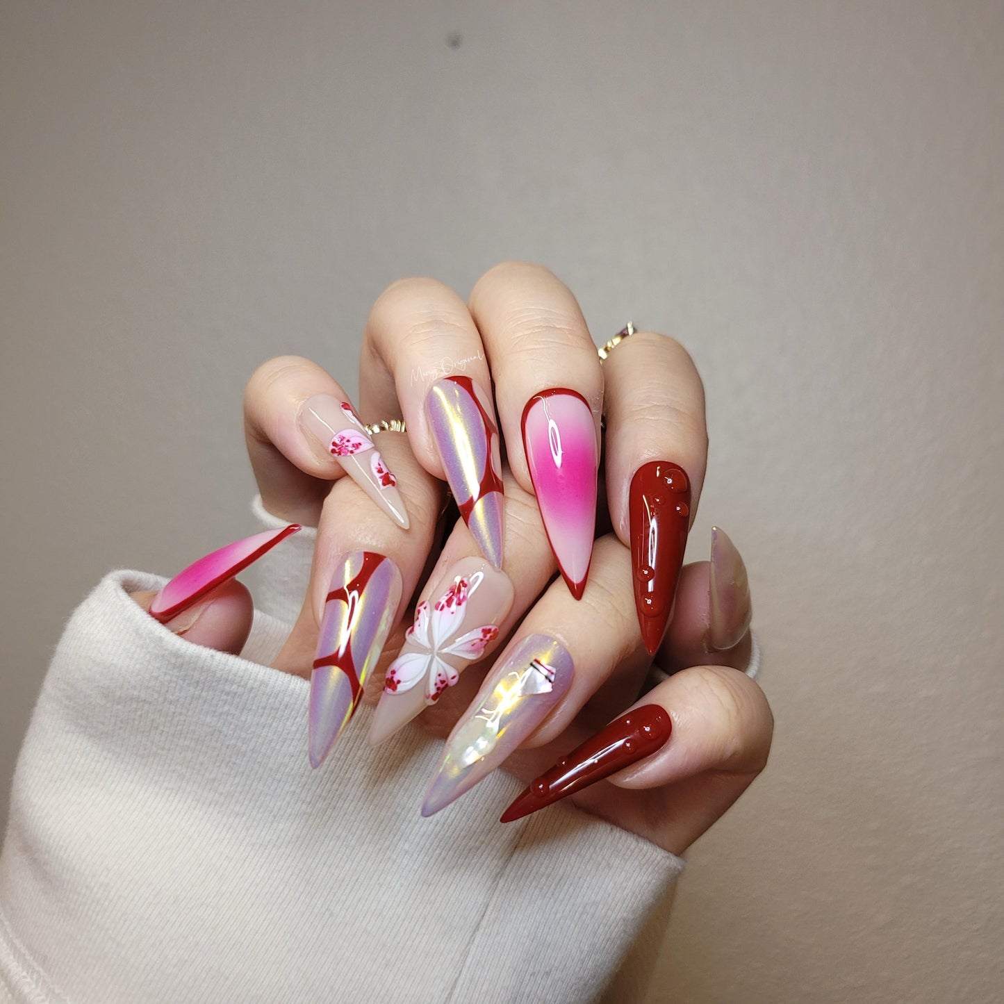 Red Halloween Orchid lily flower Press on Nails, chrome nail, red abstract line, free style 3d sculpted Fairycore Tropical Floral