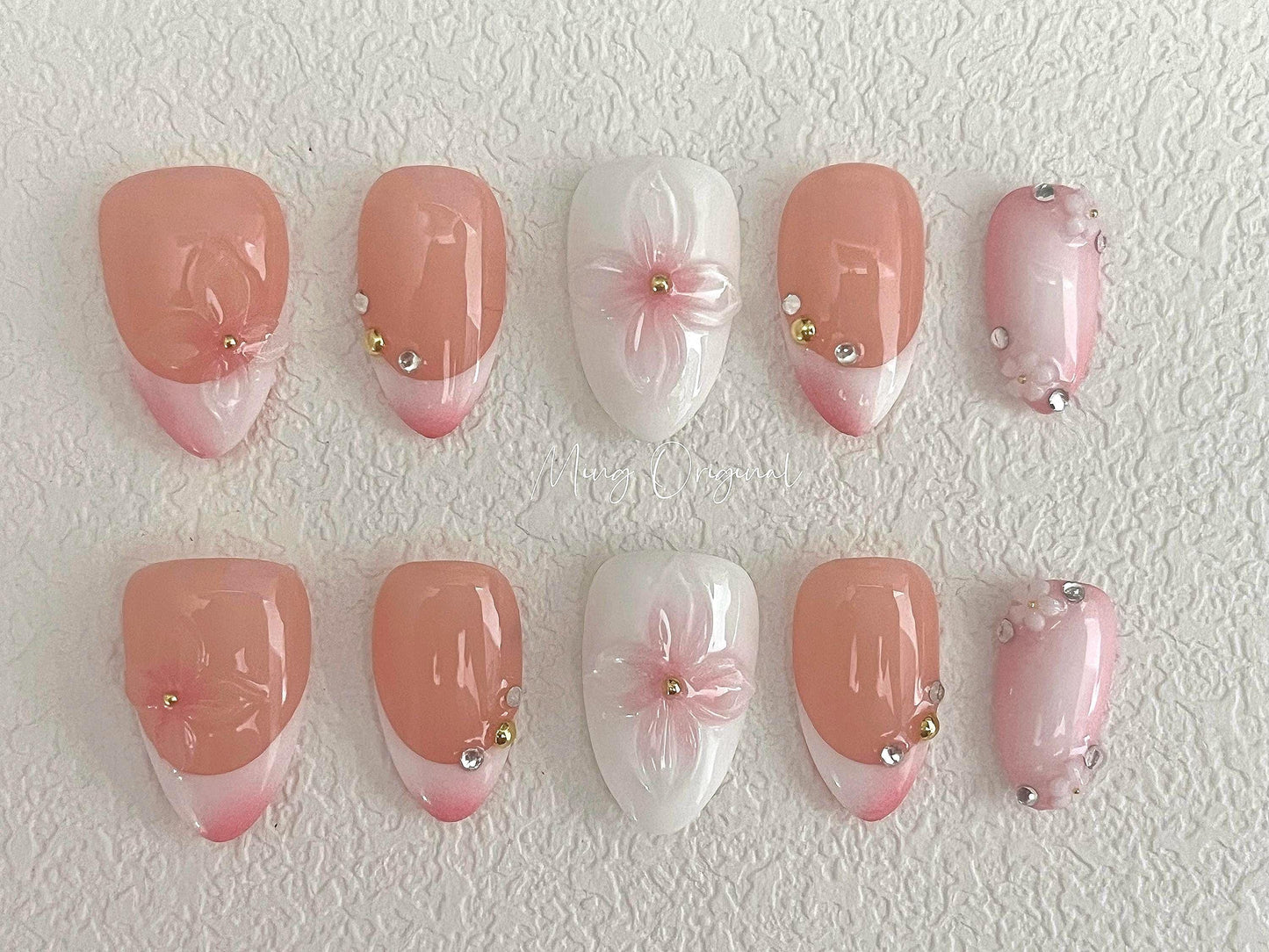 Pink 3D sculptured flower Press on Nails, Mermaid ombre french tip Nails, Clear Orchard Floral Nails, Jelly Nails, glue on nails, MO366