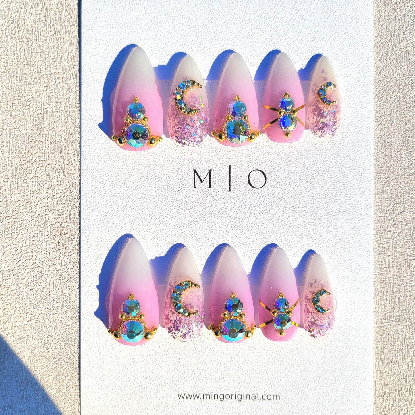 Super glittery AB gem crystal Nail press on, purple holo glitter ombre nail, Faded Milky white ,Celestial moon, gold toned luxurious nail