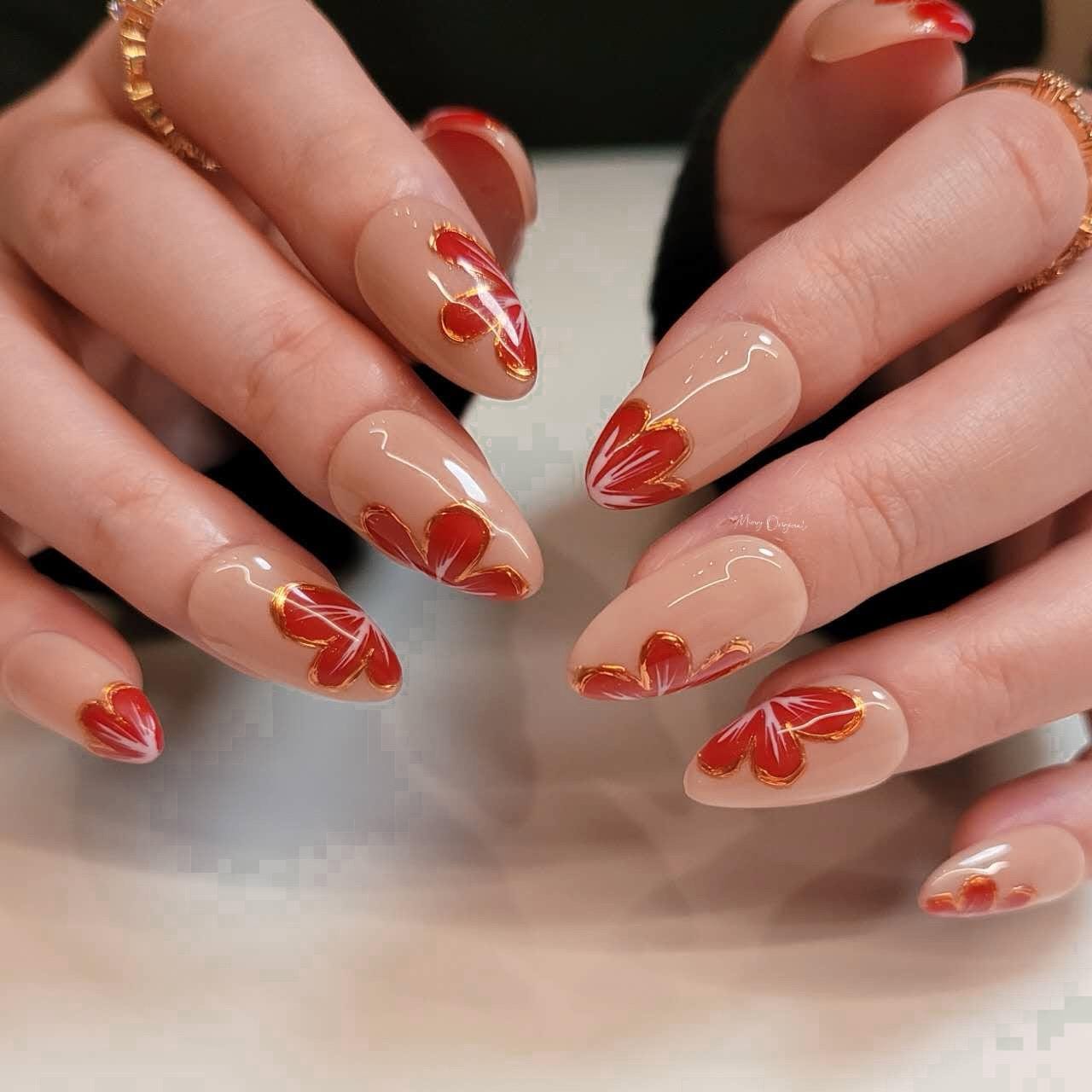 Nude red blossom sculptured flower Press on Nails, Gold Frame Orchard Floral Nails, Jelly Nails, Christmas gift for her, MO302