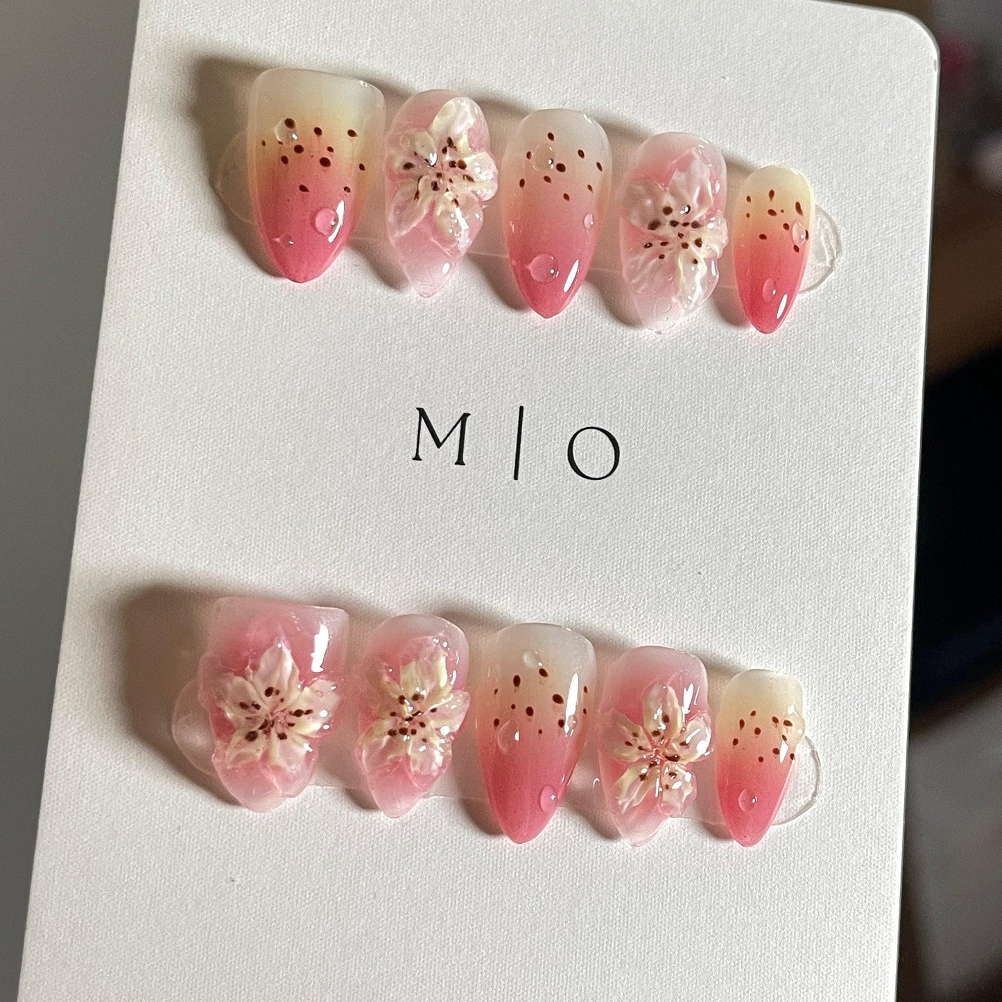 Soft Pink Summer 3D Lily Flower Free Style press on nails, Fairycore Pink and Yellow Floral airbrush ombre