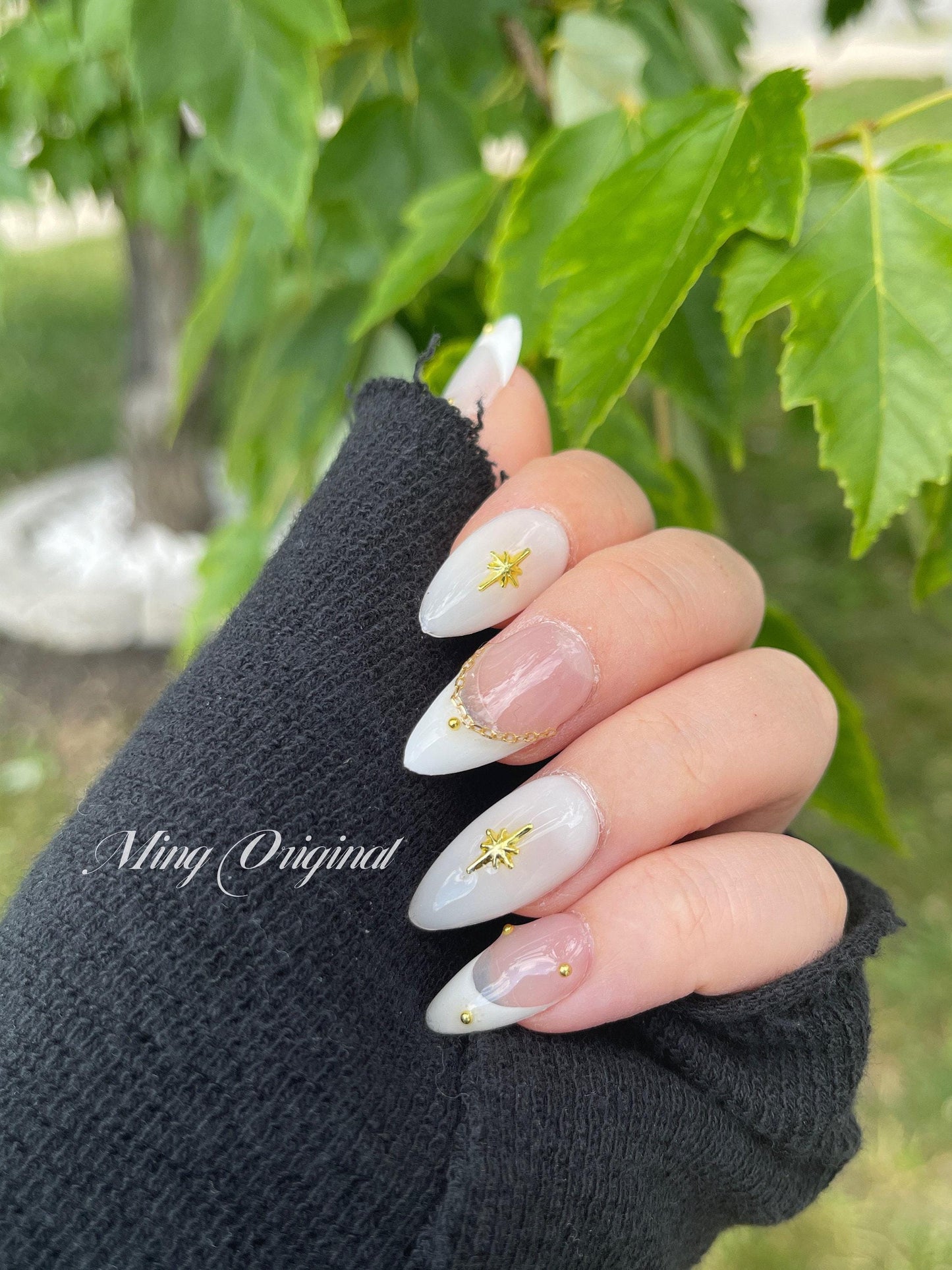 White french star moon press on nail, milk bath color, gold charm and chain Fake nails