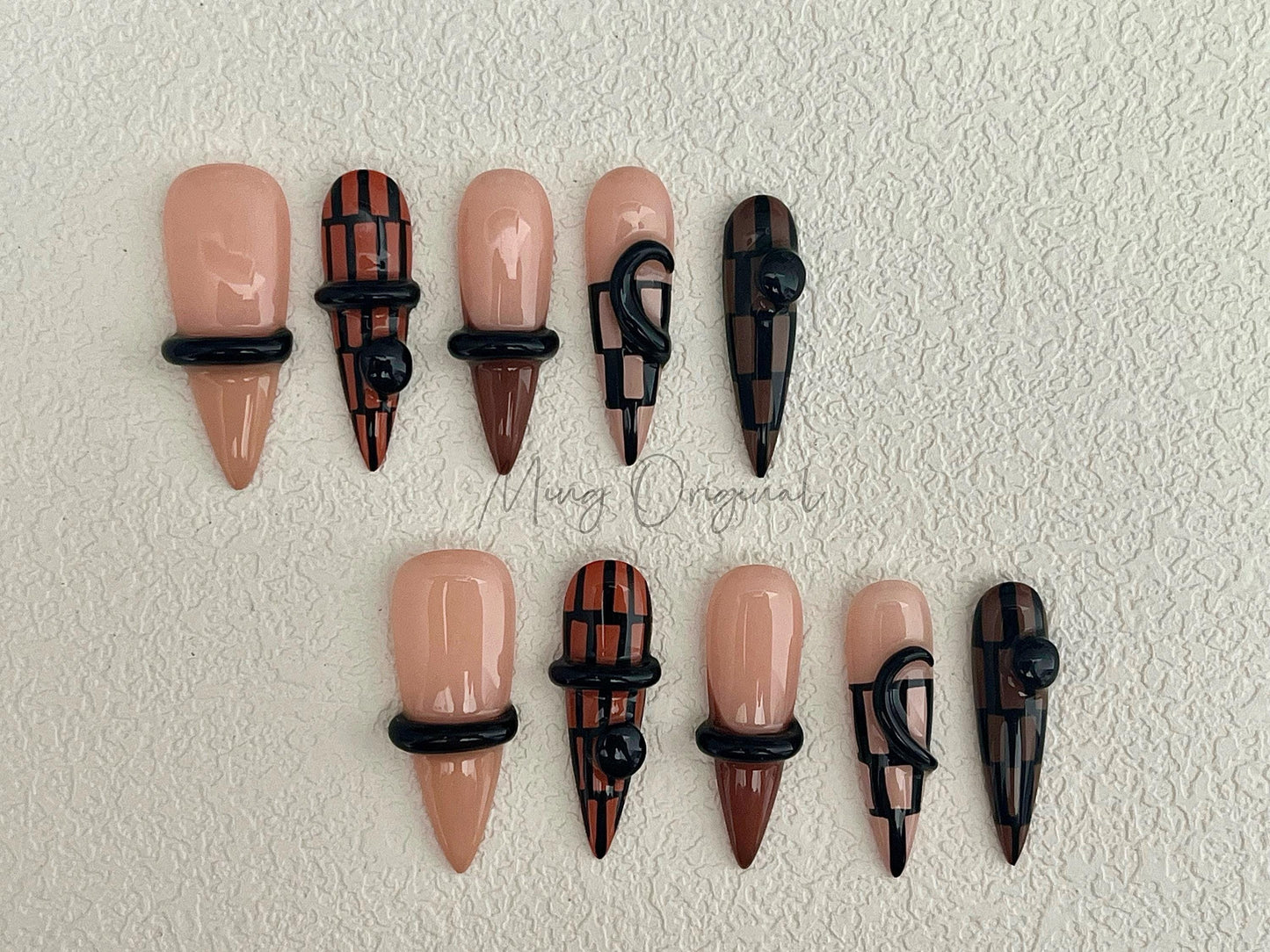 Brown Plaid Press On Nails with 3D Black Details, Geometric Abstract Design, Handmade Nails, Modern Nail Art, Gift For Her,MO464