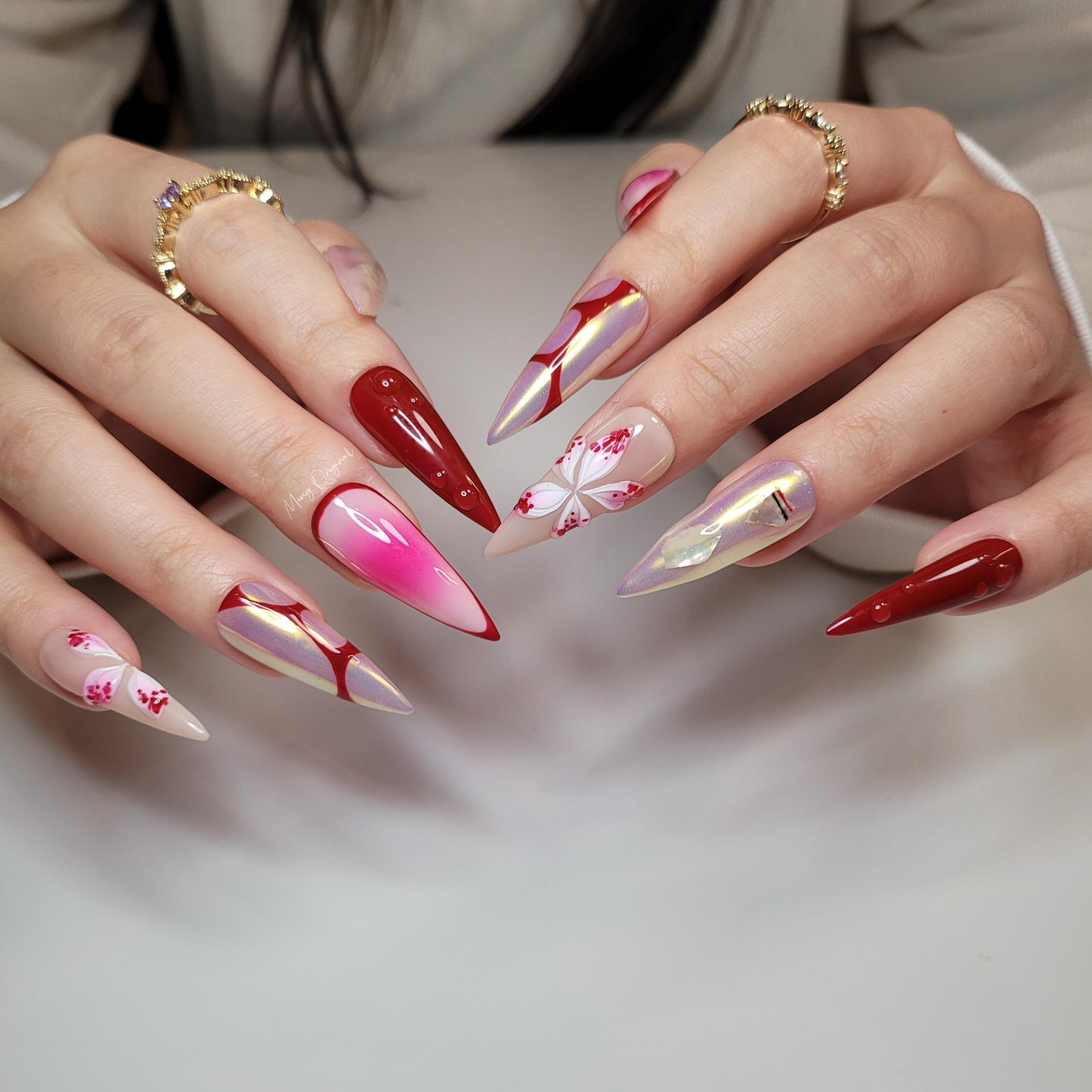 Red Halloween Orchid lily flower Press on Nails, chrome nail, red abstract line, free style 3d sculpted Fairycore Tropical Floral
