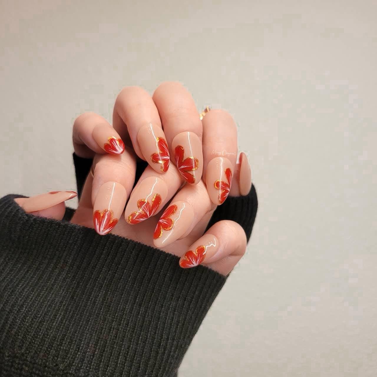 Nude red blossom sculptured flower Press on Nails, Gold Frame Orchard Floral Nails, Jelly Nails, Christmas gift for her, MO302