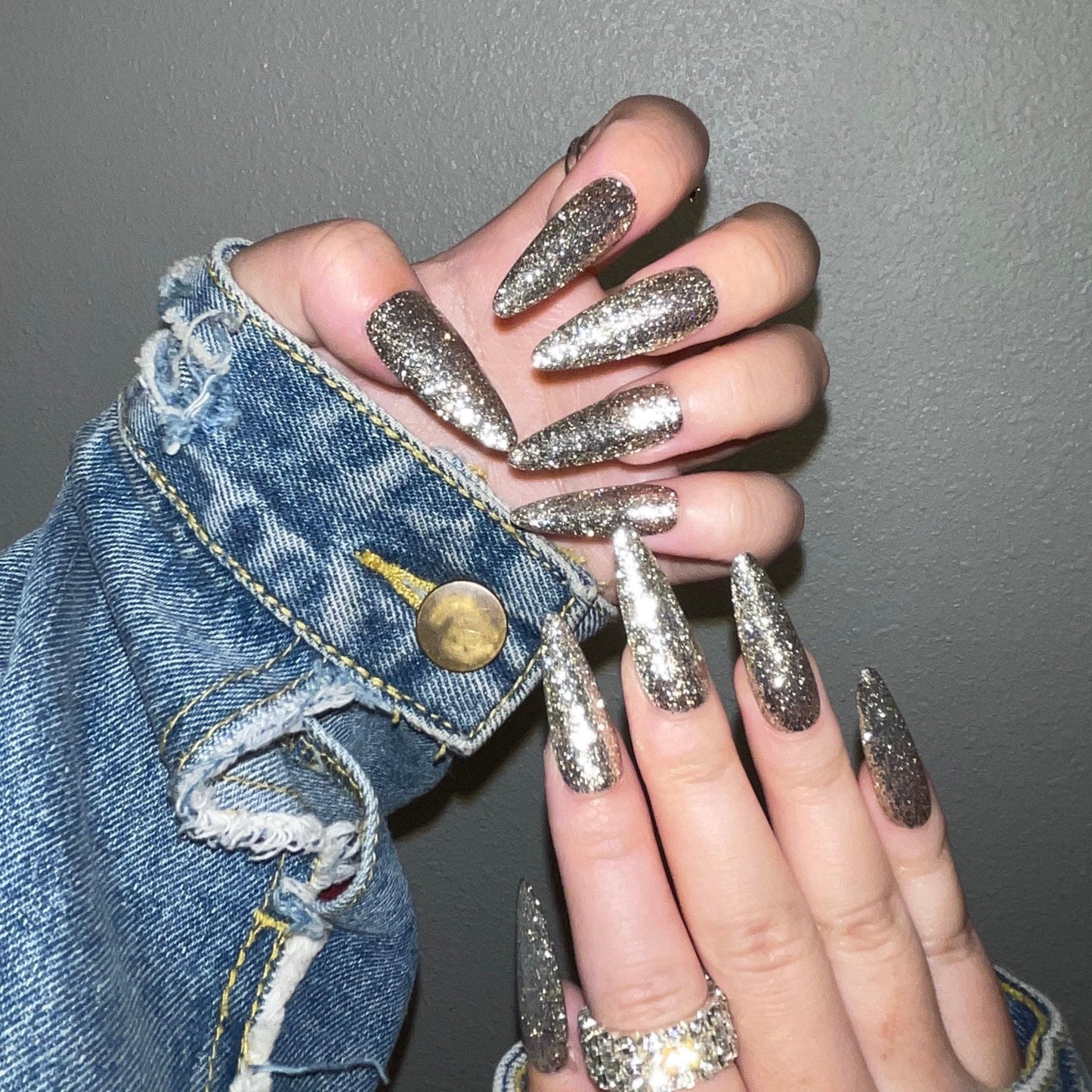 Classic silver glitter Press on Nails, bling bling glittery Jelly Nails