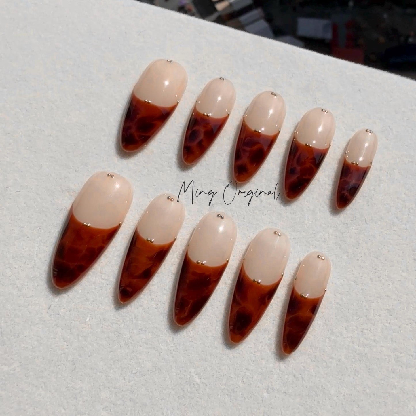 French Tip Tortoise Shell Amber water blooming Press on Nails, Jelly hand painted nail, fall winter nail,gift for her