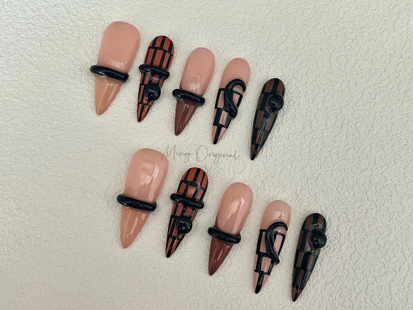 Brown Plaid Press On Nails with 3D Black Details, Geometric Abstract Design, Handmade Nails, Modern Nail Art, Gift For Her,MO464