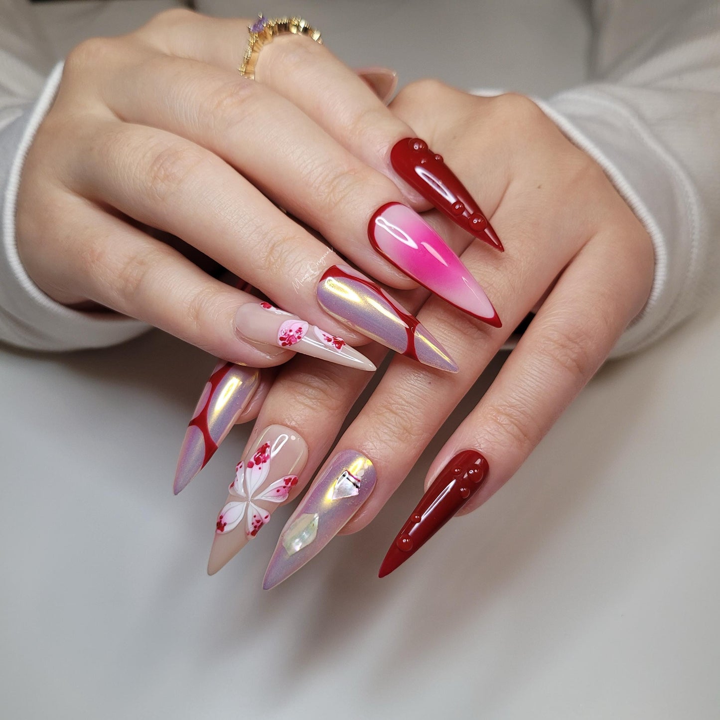 Red Halloween Orchid lily flower Press on Nails, chrome nail, red abstract line, free style 3d sculpted Fairycore Tropical Floral