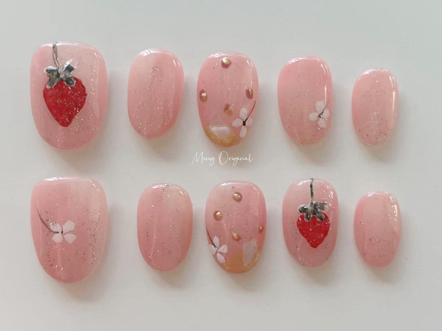 Pink Strawberry and floral press on Nail,  Fruit Lover press on nails, Gold Chrome, Holiday Fake Nails, Gifts for Her, MO252