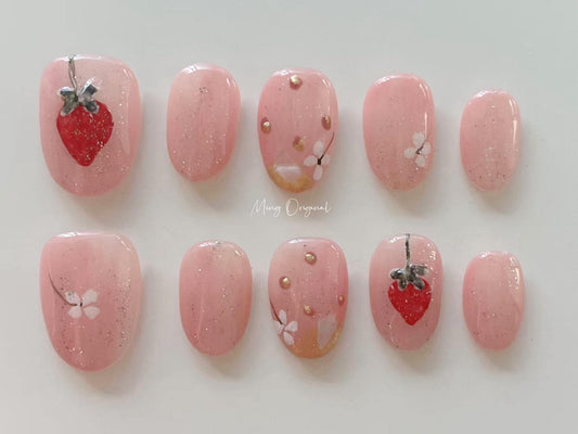 Pink Strawberry and floral press on Nail,  Fruit Lover press on nails, Gold Chrome, Holiday Fake Nails, Gifts for Her, MO252