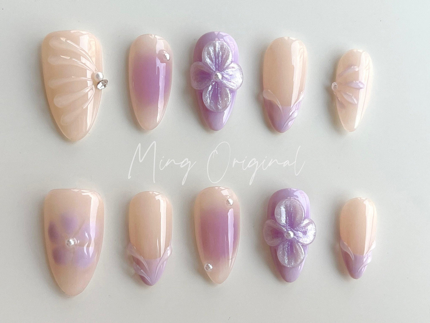 Purple Summer Flower 3D Free Style Nude press on nails, Fairycore Floral Nail, French Tip, airbrush ombre