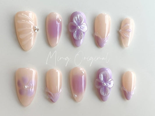 Purple Summer Flower 3D Free Style Nude press on nails, Fairycore Floral Nail, French Tip, airbrush ombre
