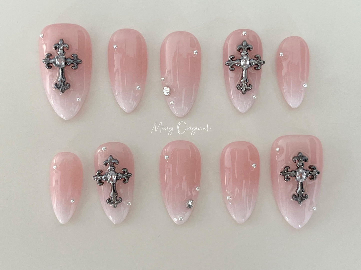 Pink Ombre Gradient Fade White Press on Nails, chrome heart cross jelly nail, Soft Pink Baby Boomer Fake nails, birthday gift for her,MO331