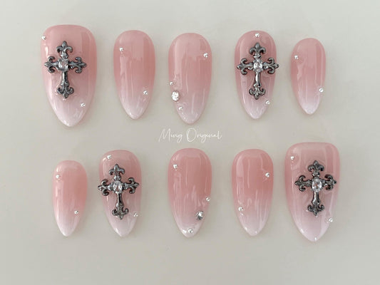 Pink Ombre Gradient Fade White Press on Nails, chrome heart cross jelly nail, Soft Pink Baby Boomer Fake nails, birthday gift for her,MO331