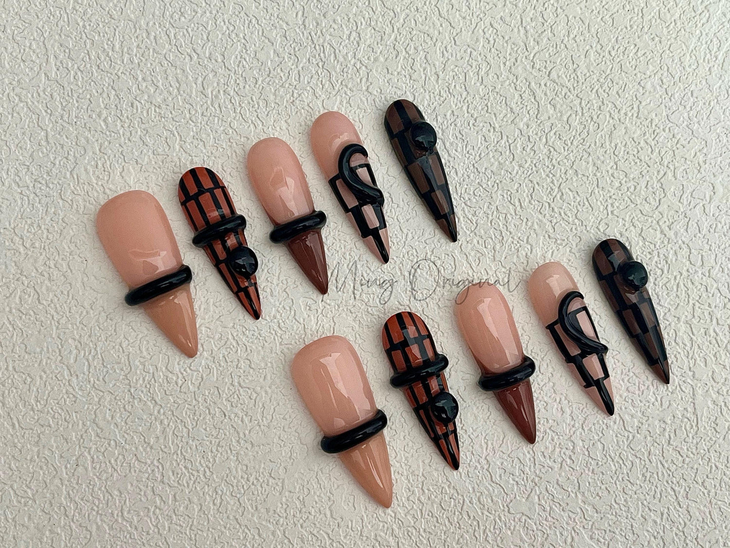 Brown Plaid Press On Nails with 3D Black Details, Geometric Abstract Design, Handmade Nails, Modern Nail Art, Gift For Her,MO464