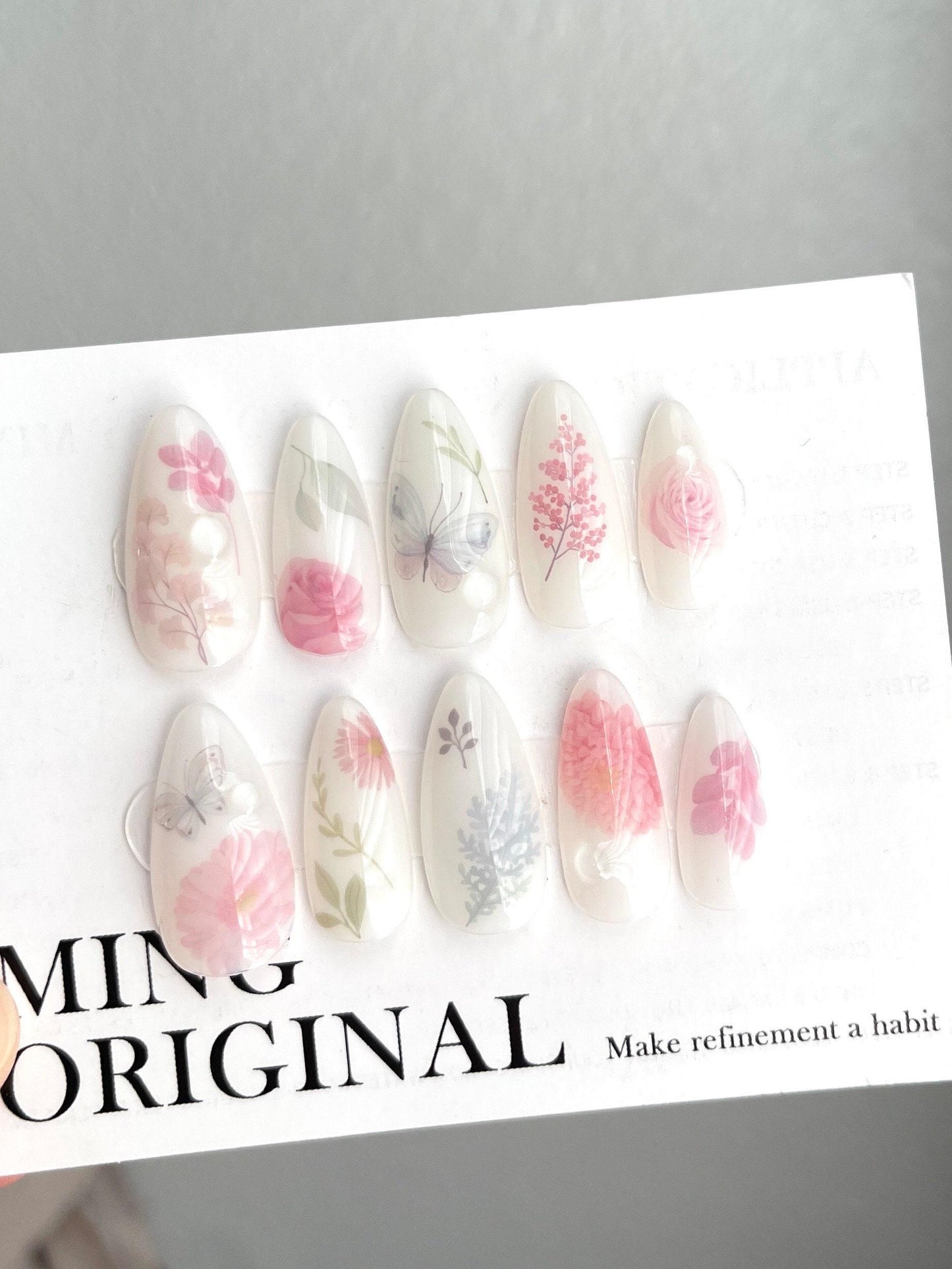 Da Milk Bath | Butterfly and Floral Press on Nails, Pastel Pink Fake Nails, Handmade Gel Nails, Jelly Nails, jewel nail