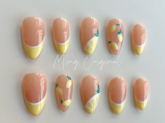Summer Fruit Lover Lemon press on nails, French Tip, Gifts for Her