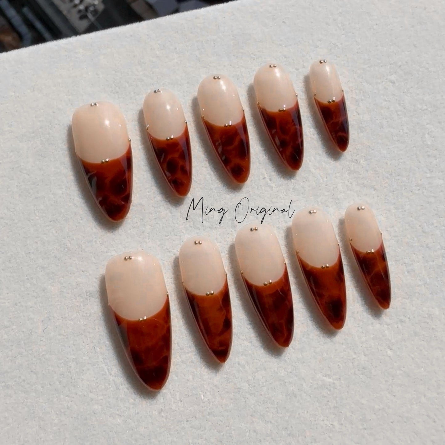 French Tip Tortoise Shell Amber water blooming Press on Nails, Jelly hand painted nail, fall winter nail,gift for her