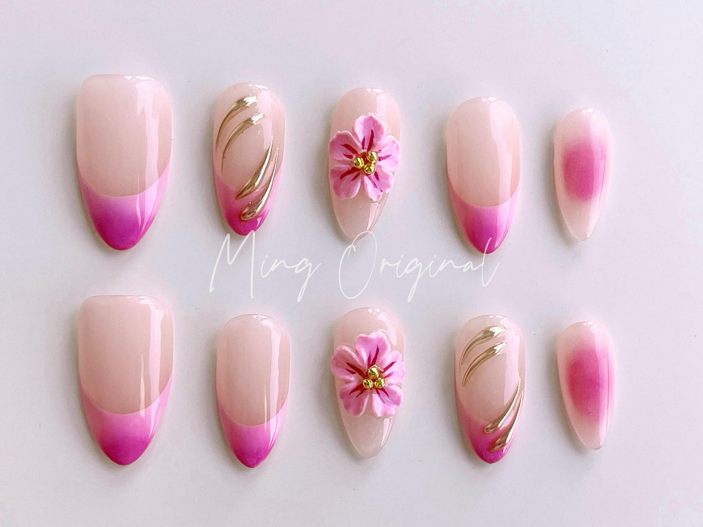 Pink Summer Flower 3D Free Style press on nails,Fairycore Floral Nail, Pink French Tip, Vibrant airbrush ombre