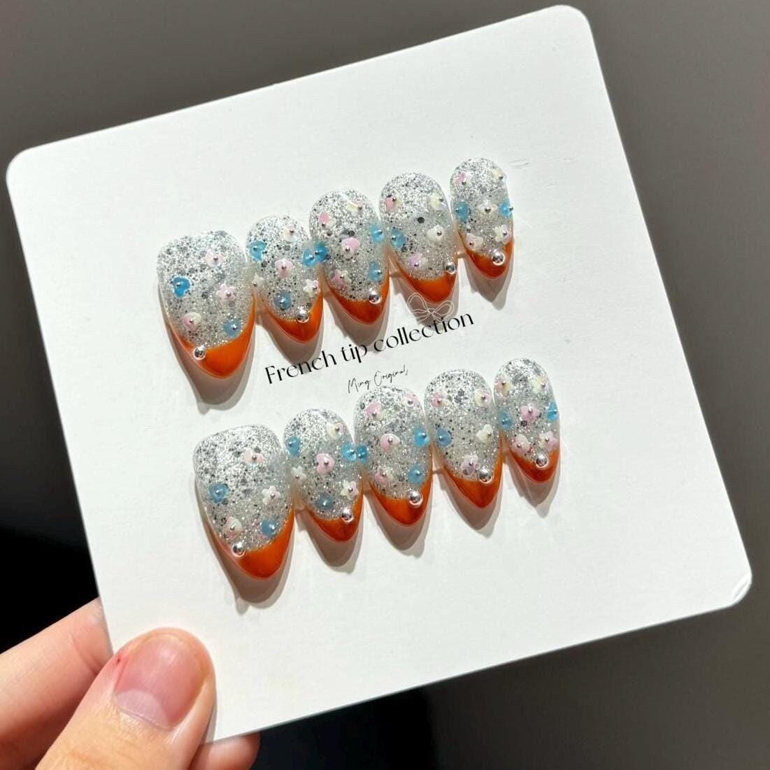 French tip collection, orange with glittery little cute flower and heart Press on Nails, winter glue on nail, holiday gift for her, MO291