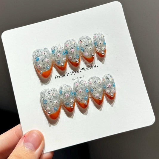 French tip collection, orange with glittery little cute flower and heart Press on Nails, winter glue on nail, holiday gift for her, MO291